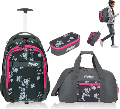 Produktbild von Schultrolley 3 Teile Set Mädchen Elephant Hero Signature Schulranzen Trolley Sporttasche Mäppchen Box 12838 Grey Flower