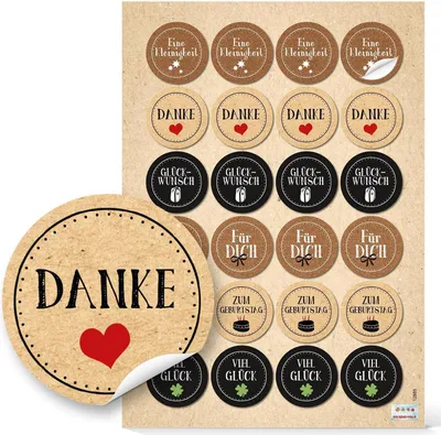 Produktbild von 24 runde Aufkleber DANKE GLÜCKWUNSCH FÜR DICH VIEL GLÜCK Herz Kleeblatt rot grün beige natur schwarz weiß Kraftpapier Geschenkaufkleber Verpackung Geschenke Sticker Etiketten zum Geburtstag96 Aufkleber / 4 Bögen