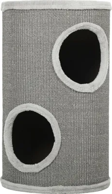 A cylindrical cat scratching post with two circular openings, presented against a white background.