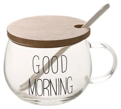 Glaskaffeetasse 350 ml mit Bambusdeckel und Löffel, GOOD MORNING