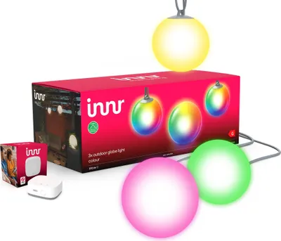 A product shot of Innr outdoor globe lights and their packaging, with a bridge device.