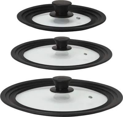 Produktbild von Steuber 3er Set Universal Glasdeckel für Töpfe und Pfannen 16/18/20 cm, 24/26/28 cm & 28/30/32 cm, mit Auslassventil und Silikonrand, schwarz
