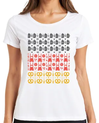 Productafbeelding van , traditionele lederen broek, bierkan, pretzel, dirndl, München, hart, dames T-shirt, wit, maat L
