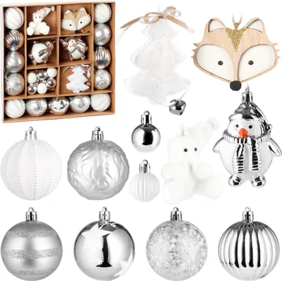 Produktbild von BRUBAKER 24-tlg. Christbaumschmuck mit Pinguinen, Eisbär und Fuchs - Weihnachtskugel Set Silber und Weiß - winterliche Baumschmuck - Baumkugeln