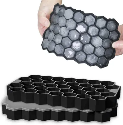 Produktbild von Siliconen Eiswürfelform, Verpackung mit 2, Eiswürfelform mit 37 Fächern, stapelbare Eiswürfelform mit Deckel, gekühlte Getränke, Whisky und Cocktails, schwarz