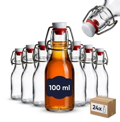 Productafbeelding van 24-delige set glazen flesjes rond (0,10 l) met beugelsluiting voor likeur siroop olie azijn