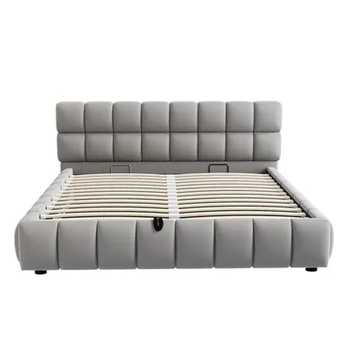 Produktbild von Merax Polsterbett 140x200cm mit hydraulischem Stauraum, Doppelbett mit Samtstoff und Lattenroste, Kopfteil mit voluminösem Design, Grau
