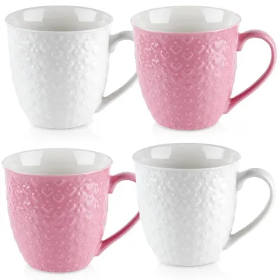 Obrázek produktu pro Orion | Hrnky na kávu sada 4 ks - 530 ml - Keramika s motivem srdce - Růžové / Bílé