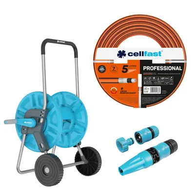 Obrázek produktu pro Vozík na hadici Cellfast Aluplus 1/2" 60 m + zahradní hadice Cellfast PROFESSIONAL 1/2" 20 m + sada s rozstřikovačem Cellfast Basic 1/2"