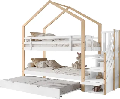 Produktbild von Etagenbett mit 3 Liegeflächen und Lattenrost, 90x200 cm, Kinderbett mit Rausfallschutz, Kiefer