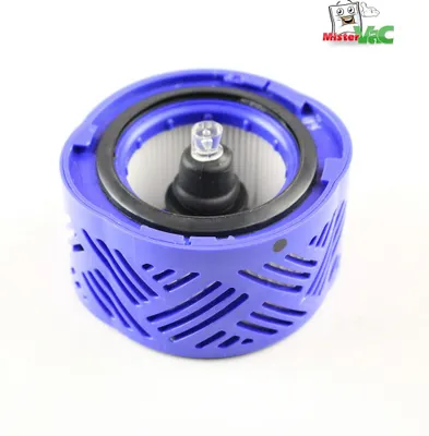A close-up, studio shot of a blue vacuum cleaner filter on a white background.