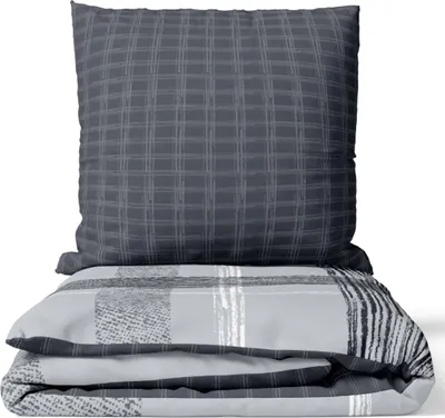 Produktbild von Baumwolle Renforce Bettwäsche Set 155x200 cm Grau Anthrazit Weiß Gestreift Kariert mit Reißverschluss