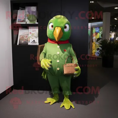 Produktbild von Maskottchen REDBROKOLY Kostümfigur Oliver Papagei bekleidet mit einer Hose und einer Geldbörse