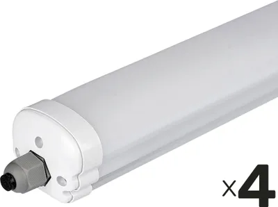 A close-up, angled view of a white LED light fixture with a gray connector on a white background.
