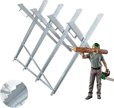 A man in a green hard hat carries a log over his shoulder, standing next to a metal sawhorse. A close-up of the sawhorse's teeth is shown in the bottom left corner.