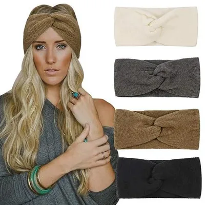 Zdjęcie produktu dla Opaska na głowę turban szydełkowana akryl damska boho zima 4 szt.