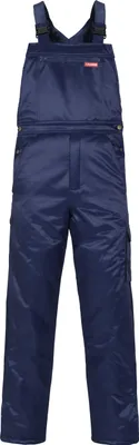 A full-body shot of navy blue winter bib overalls against a white background.