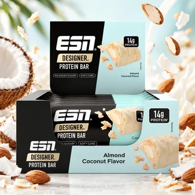 Produktbild von ESN Designer Protein Bar – 12 × 45 g - Almond Coconut, KI-generiertes Bild