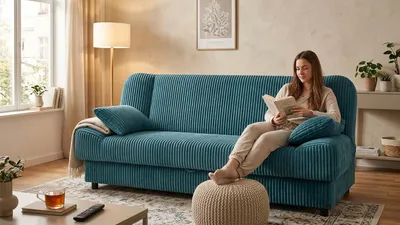Produktbild von Schlafsofa ALICJA Idylla – mit Bettkasten, Velours in Blau, Family Meble, KI-generiertes Bild
