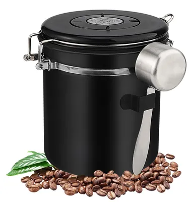 Luftdichter Kaffeebehälter 1,5 l Edelstahl schwarz mit Löffel