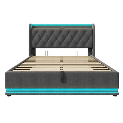 Produktbild von Flieks Polsterbett 160x200cm mit Ladefunktion (USB&Typ-c), Jugendbett Doppelbett Stauraumbett mit LED, Hydraulisches Boxspringbett, Leinen, Grau