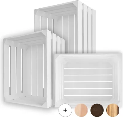 Three white wooden crates of different sizes are arranged in a staggered formation against a white background. Below the crates, there are four circular swatches showing different wood finishes and a plus sign.