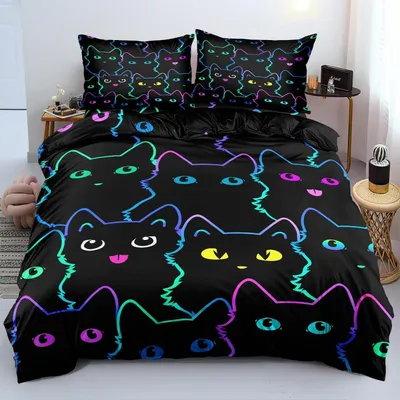 Productafbeelding van Beddengoedset met cartoonkat, 155x220 cm + 2 kussenslopen van 80x80 cm, microvezel, met rits
