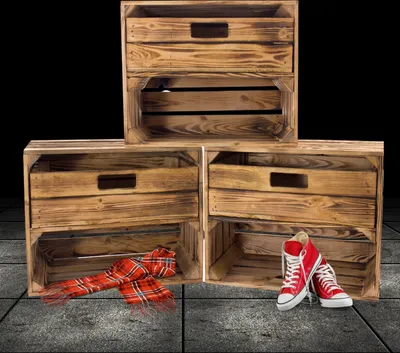 Produktbild von 3 geflammte Holzkisten mit Schublade und Fach 50cm x 40cm x 30cm Regal Weinkiste Obstkiste Apfelkiste gebrannte