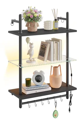 Image de Étagère suspendue à 3 niveaux de 60 cm, étagère murale industrielle avec tubes ronds et crochets, étagère en bois pour la décoration et le rangement (noire, 60 cm)