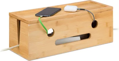 Produktbild von Bambus Kabelbox mit Ablagefläche für 2 Steckdosenleisten, 40x15x13 cm