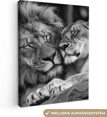 Produktbild von MuchoWow® - Leinwandbilder - Löwen - Tiere - Schwarz - Weiß - Löwe, Wandbild, Wanddeko Bilder Wohnzimmer, 90x120cm