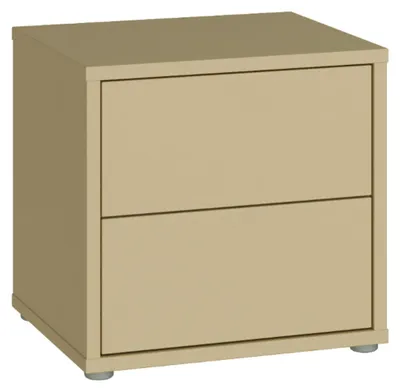 Image de Commode ALICE SPRINGS, design moderne et minimaliste, 2 tiroirs, idéale pour la chambre à coucher, fabriquée en panneaux de particules, couleur jaune pâle, dimensions : 49,8 cm de largeur x 47,9 cm de hauteur x 41,5 cm de profondeur