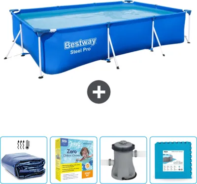 Immagine prodotto di Piscina Bestway Steel Pro rettangolare - 300 x 201 x 66 cm - blu - include tenda da sole - pacchetto manutenzione - pompa - piastrelle per il pavimento
