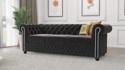 Produktbild von S-STYLE MÖBEL - Nox - Chesterfield 3 sitzer Sofa aus Schwarz Samt-Stoff mit Holzfüßen, B/T/H: 203 cm / 86 cm / 72 cm