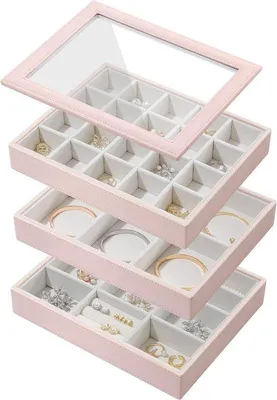 Image de Organiseur à bijoux 3 compartiments, rose, avec couvercle en verre