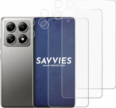 A smartphone with screen protectors and camera protectors shown from the back and front.