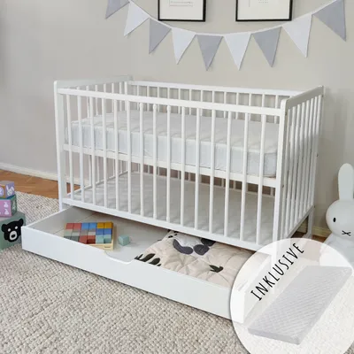 Image de Lit bébé 60x120 cm avec matelas et tiroir Lit d'enfant à barreaux réglable en hauteur & barreaux amovibles | blanc très stable  Europe