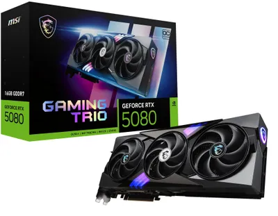 Zdjęcie produktu dla MSI GAMING GEFORCE RTX 5080 16G TRIO OC, GeForce RTX 5080, 16 GB, GDDR7, 256 bit, 7680 x 4320 px, PCI Express x16 5.0