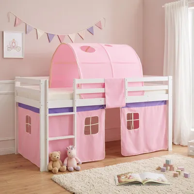Produktbild von Homestyle4u Hochbett 90x200 Kinder mit Lattenrost mit Matratze  Standard mit 100 Tunnel Vorhang Rosa Mädchen Kinderbett Weiß Rausfallschutz