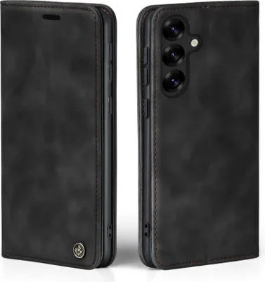 A black flip case for a smartphone is shown from two angles.