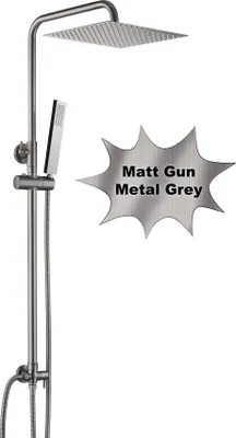 Immagine prodotto di JOHO Set doccia in acciaio inox senza rubinetto, doccia a pioggia Sistema doccia con soffione, asta doccia, flessibile doccia, soffione angolare 30x30cm Grigio canna di fucile