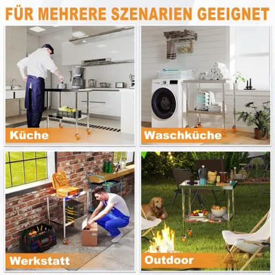 Produktbild von LARS360 mobiler Edelstahl-Arbeitstisch auf 4 Rollen, höhenverstellbar, doppelschichtig, Werkbank & Grillwagen, belastbar bis 300 kg, flexibel für Gastronomie, Event, M 85x76x46 cm