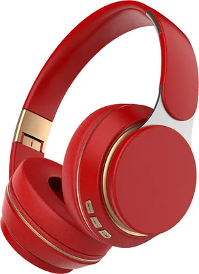 A close-up, studio shot of a pair of red over-ear headphones with gold accents, presented against a plain white background.