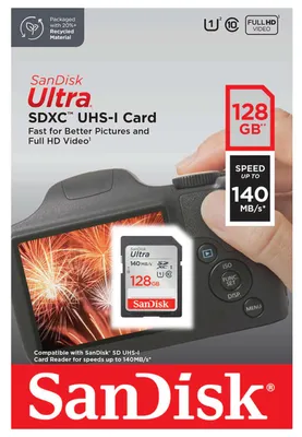 Obrázok produktu pre SanDisk Ultra, 128 GB, SDXC, Trieda 10, UHS-I, 140 MB/s, Class 1 (U1)