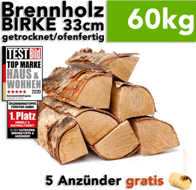 Produktbild von Brennholz Birkenholz 25cm Holzscheite im 60kg Karton für Kamin Kaminofen Feuerschale Grill kammergetrocknet ofenfertig - Feuerholz Birke von HOLZBRX