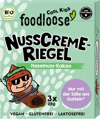 Produktbild von Foodloose Haselnuss-Kakao -Nusscreme-Riegel, Kakao, Haselnuss, 28 g, Kakao, Dattel (Frucht), 103 kcal, 367 kcal, 431 kJ
