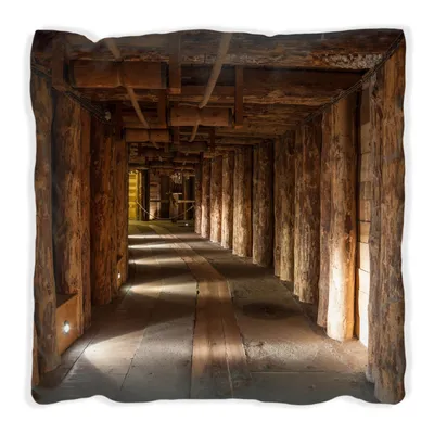 Produktbild von Wallario Premium Kissen, weiche Oberfläche, mit Motiv Alter Tunnel in einer Salzmine in Polen, Größe: 30 x 30 cm, mit weißer Rückseite