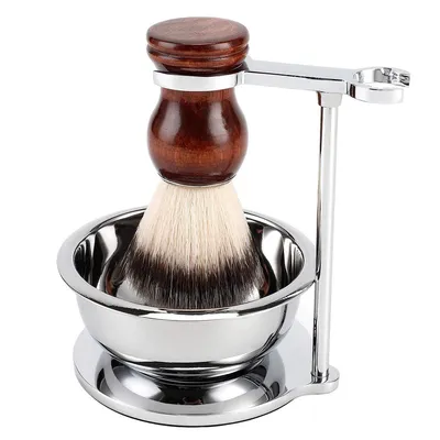 Produktbild von Edelstahl Rasiererhalter und Rasierschale, passend zu Gillette Fusion, Doppelklingen-Sicherheitsrasierern und Systemrasierern, inkl. Rasierpinsel