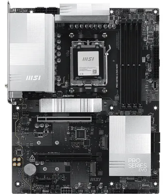 Obrázok produktu pre MSI PRO X870E-S EVO WIFI, AMD, Pätica AM5, AMD Ryzen 7000 Series, AMD Ryzen 8000 Series, AMD Ryzen 9000 Series, Pätica AM5, DDR5-SDRAM, 256 GB