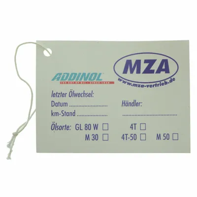 Zdjęcie produktu dla Addinol - naklejka na wymiane oleju MZA do motorowera / motocykla, bardzo elastyczna, dobra do przymocowania do krzywych (zapis: status KM: / dealer: